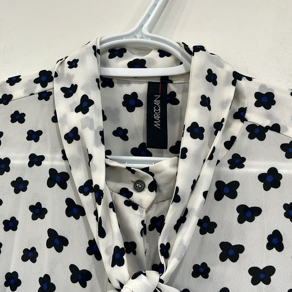 Marc Cain Button up Shirt Front Bow Floral White Black Blue size 5 - Picture 6 of 16